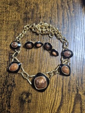 Vintage Trifari Signed Gold Tone Black Enamel Necklace & Earrings Jewelry Set